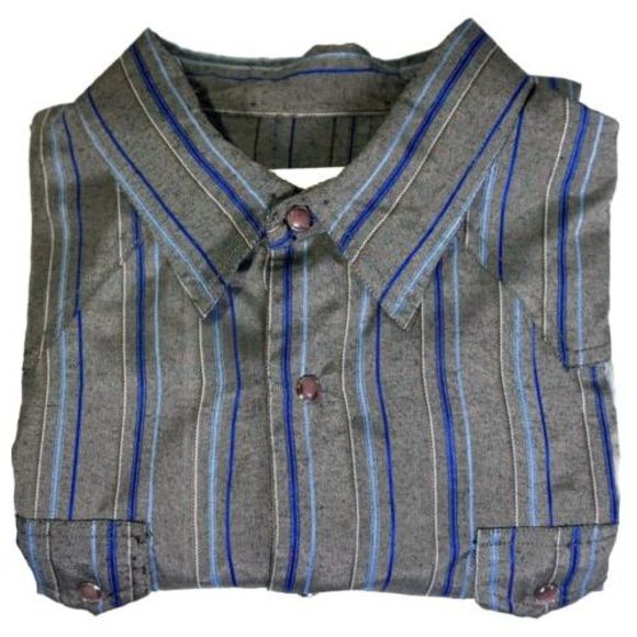 Scully Vintage Brown Pearl Snap Gray Blue Stripe Shirt Western Rockabilly Mens L - Picture 1 of 11